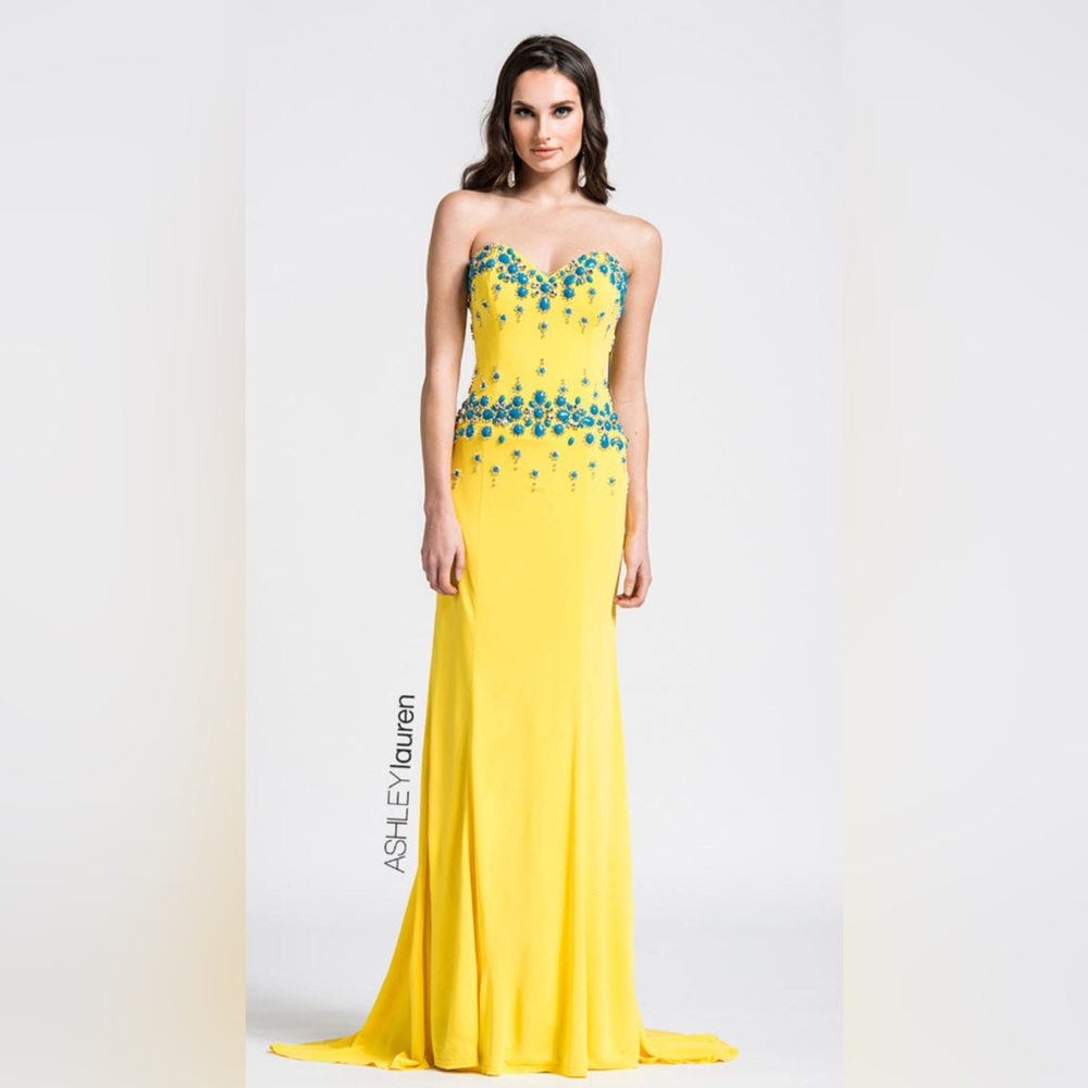 Yellow and Blue Embellished Gown Ashley Lauren Prom Pageant Wedding Guest Size 4